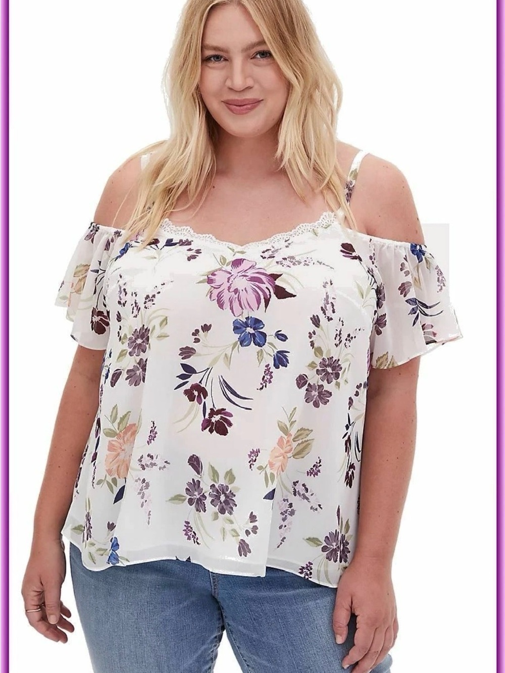 torrid White Cold-Shoulder Floral Blouse with Purple & Blue Flowers 00